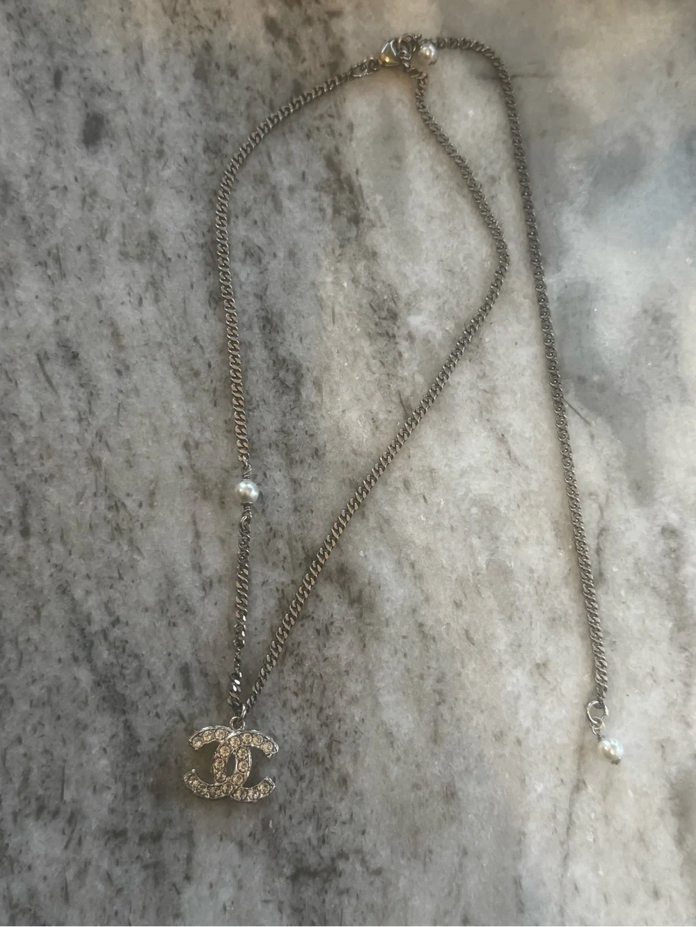 CHANEL Gold CC Logo Chain Necklace with Pearl Accent-21A